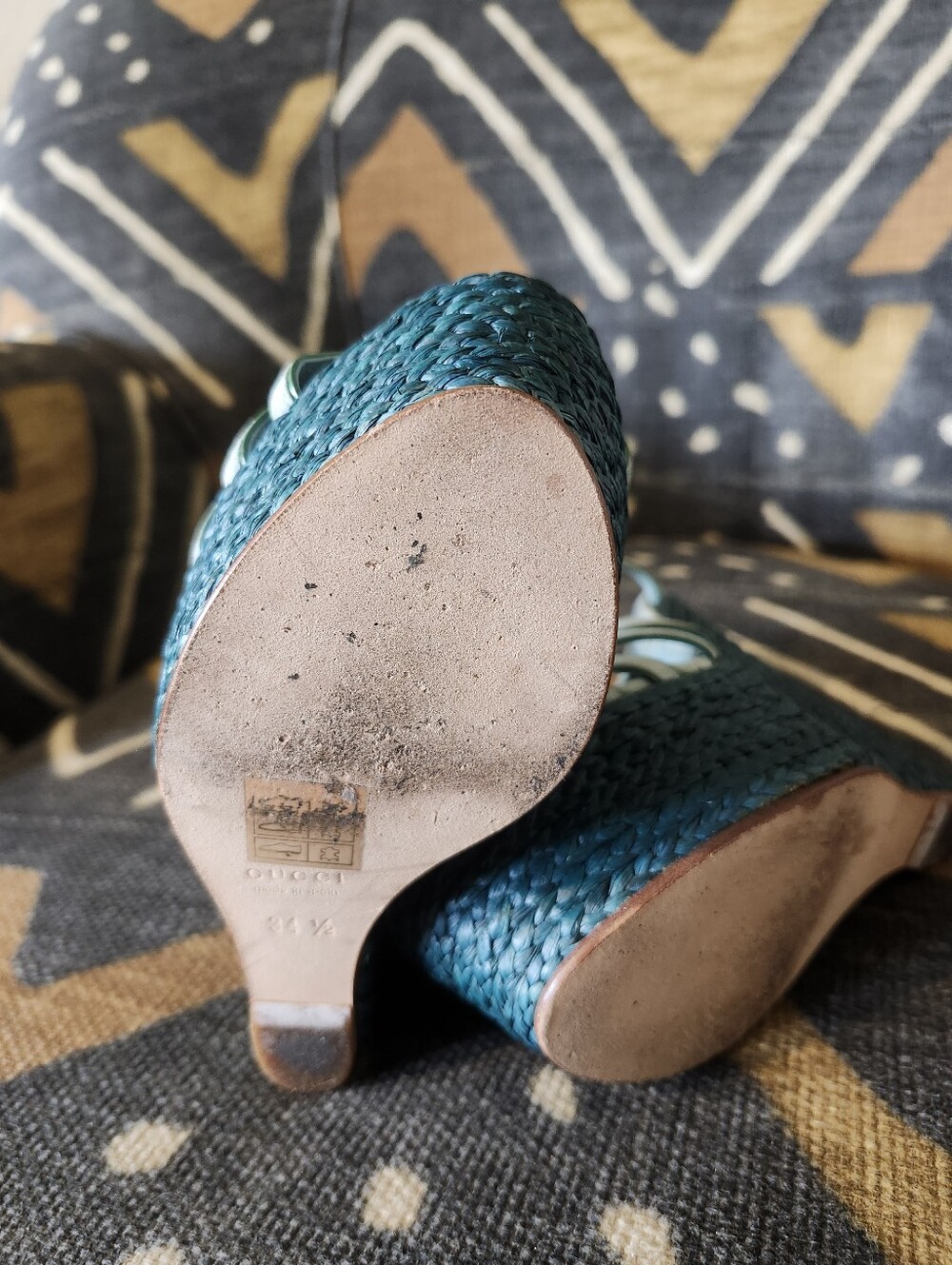 Sale✨ GUCCI Rare Vtg Y2K Teal Raffia Espadrille Platform Wedges 34.5 Near Mint - Picture 8 of 9